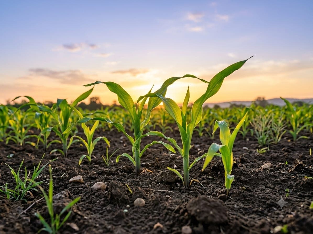 Brotes de maíz al atardecer en un campo de cultivo