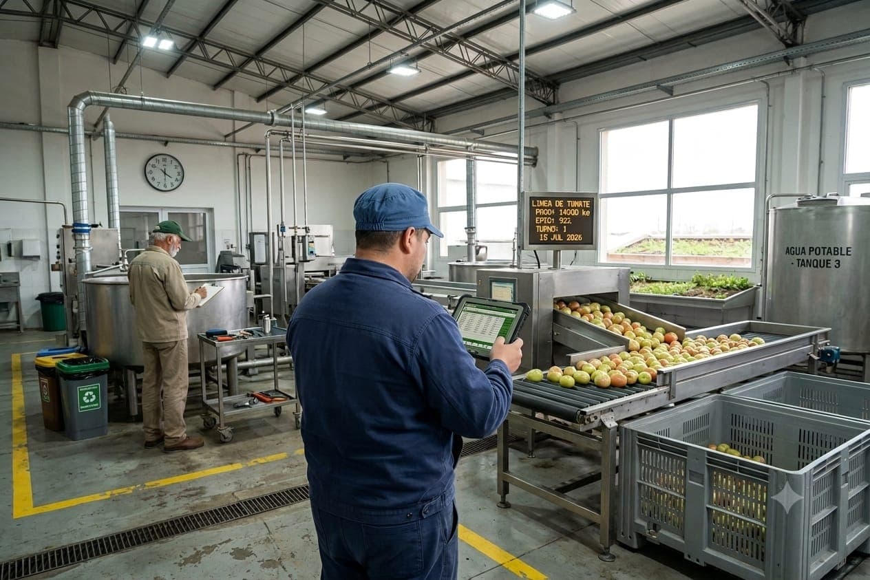 Operario controlando una línea de selección de tomates con una tablet