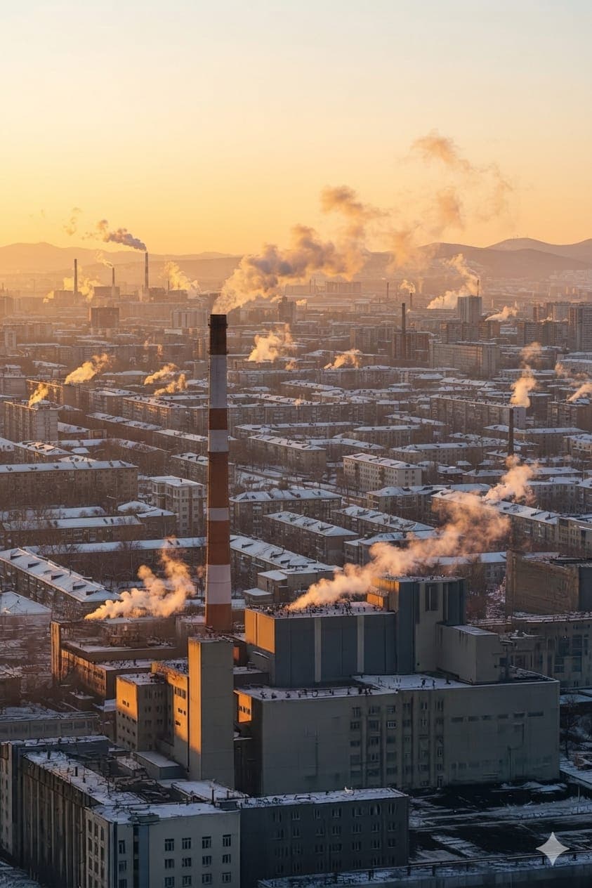 Vista aérea de una ciudad industrial con chimeneas humeantes